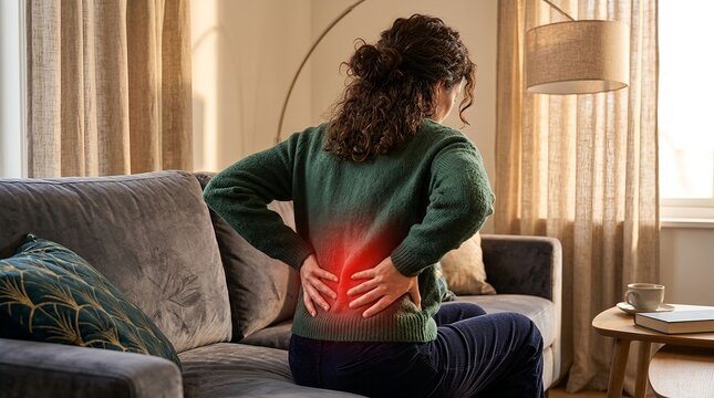 Woman suffering from severe lower back pain sitting on a sofa in a living room during the day time
