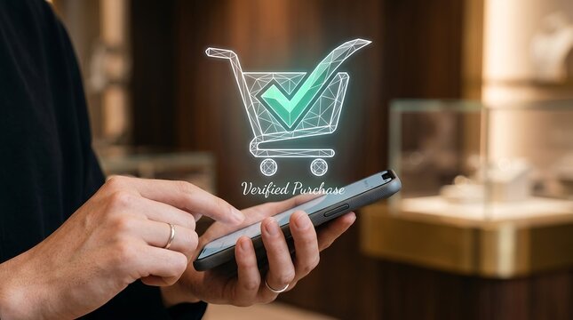 Shopping cart icon appearing above a smartphone screen held by a customer completing a secure verified purchase online transaction