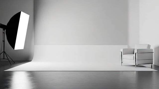 Modern empty photography studio with softbox and chair.