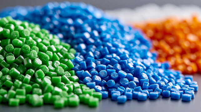Bunte Kunststoffgranulat-Pellets in Gr&uuml;n, Blau und Orange liegen in Haufen nebeneinander als Rohmaterial f&uuml;r die Kunststoffindustrie.