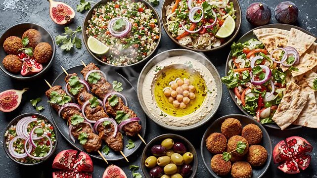 Overhead view of diverse culinary dishes various ingredients composition