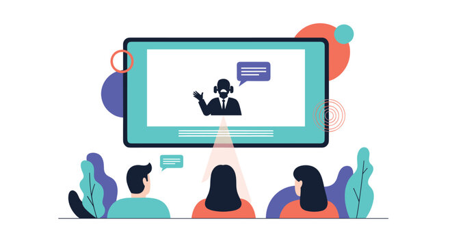 Audience members watching a virtual presentation or online webinar on a large digital screen with a speaker icon.