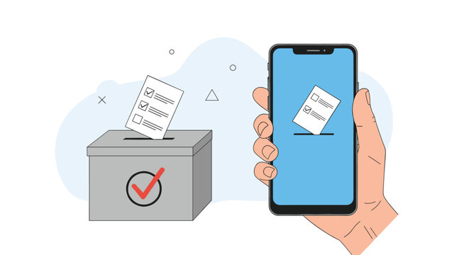 Online and offline voting concept showing a hand holding a smartphone next to a traditional grey ballot box with a checkmark.