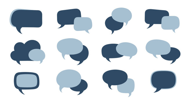 Collection of various speech bubble sets with two overlapping bubbles in shades of blue and grey on a white background.