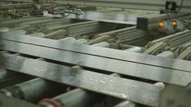 A woodworking machine applying a finish or coating layer to wooden panels on an automated production line