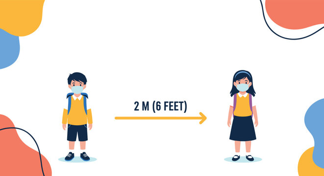 Two students wearing face masks maintain a safe social distance of two meters or six feet to prevent illness in a school setting.