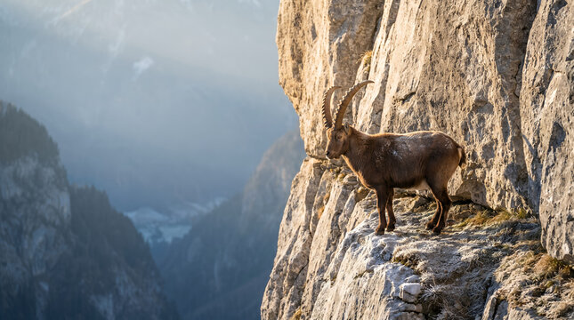 Alpine Ibex on Limestone Cliff at First Light