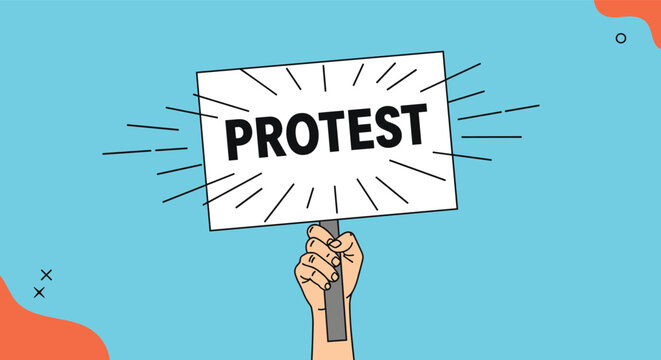Human hand holds up a white protest sign against a blue sky background to express social or political activism and public dissent.