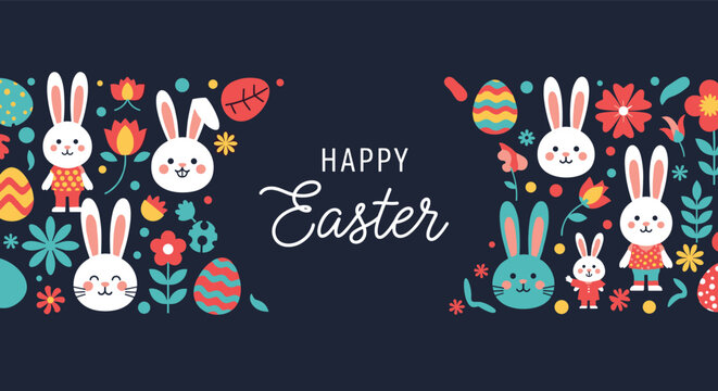 Happy easter banner design features cute bunnies, colorful eggs, and spring flowers on a dark navy blue background for celebrations.