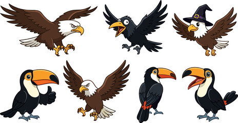 Fototapeta premium Cute Cartoon Bird Vector Characters Set Featuring Bald Eagles Toucans and Black Crow Isolated on White Background for Children Graphic Designs