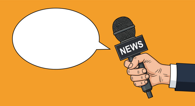 Hand holding a news microphone with an empty speech bubble for text on an orange background for media and journalism reporting.