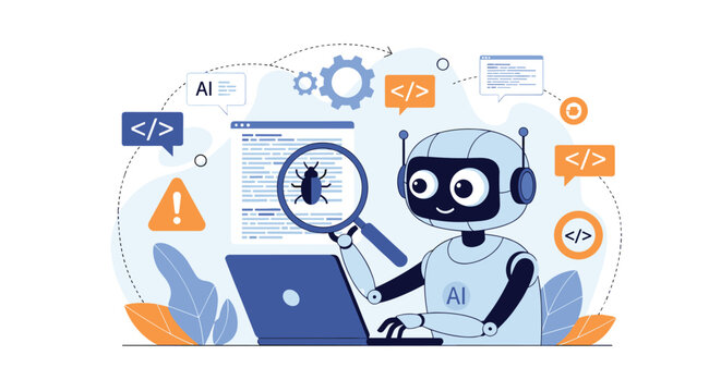 Artificial intelligence robot using magnifying glass to find bugs in computer code for software testing and debugging.