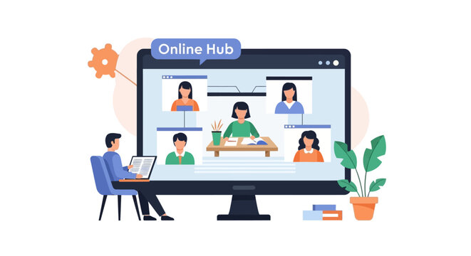 Online Hub Illustration for Video Conference, Remote Work, and Virtual Learning with Diverse People on Computer Screen