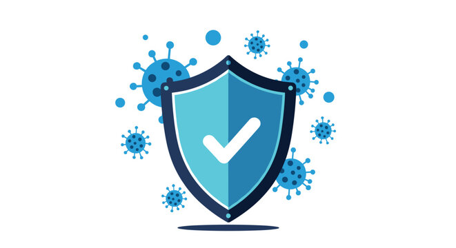 Security shield icon with a checkmark protecting against blue virus cells to represent health and cybersecurity.