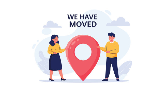 We have moved announcement with a man and woman standing next to a giant red location pin on a light map background.