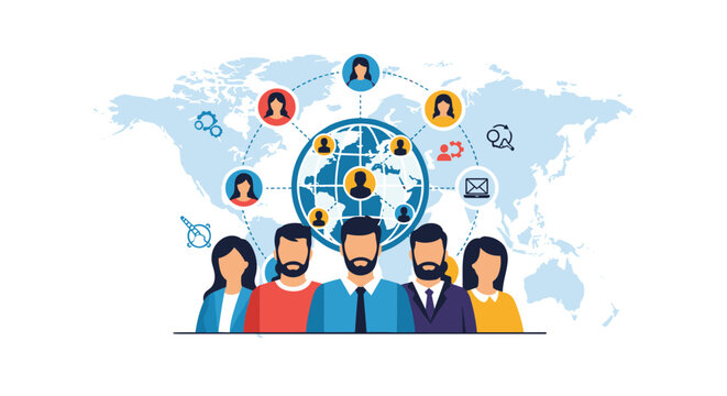 Global networking and teamwork concept with a world map and diverse team members connected by blue digital lines.