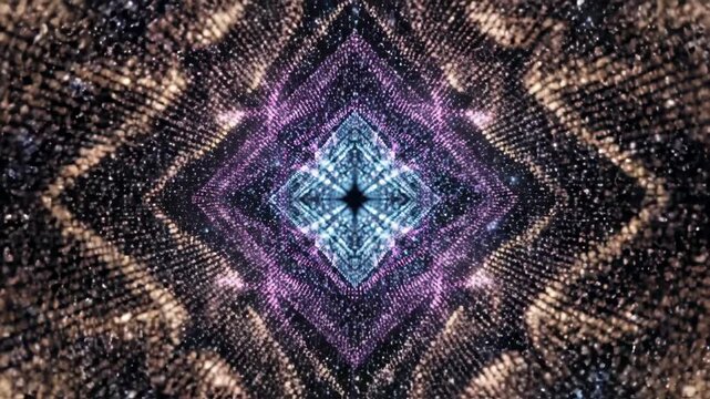 Futuristic digital abstract background with a central glowing rhombus structure surrounded by dense blue and white light particles, bokeh effects, and deep space aesthetics.
