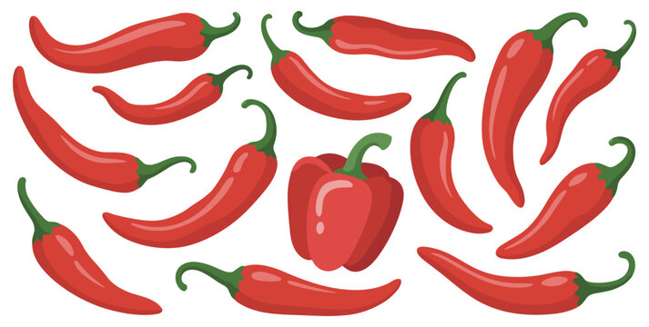 Collection of Red Chili Peppers: A vibrant arrangement of red chili peppers and one bell pepper, showcasing spicy ingredients. raw vegetable, healthy food, cooking ingredient, spice element.