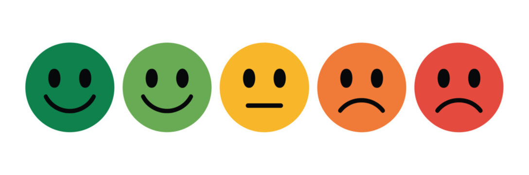 Smiley Face Rating Scale: A visual representation of emotional states. customer satisfaction, feedback, mood, review, survey.