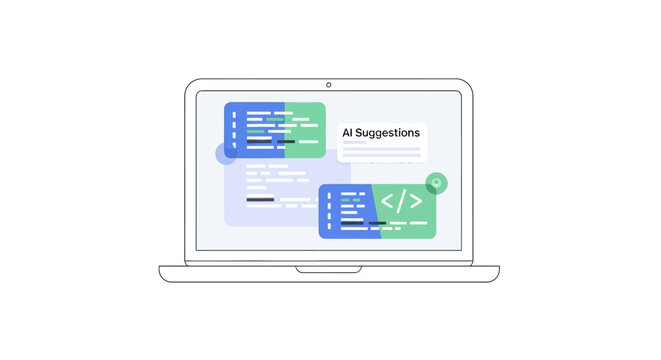 AI Coding Assistant and Software Development Interface on Laptop Screen, Programming with Artificial Intelligence Suggestions Illustration