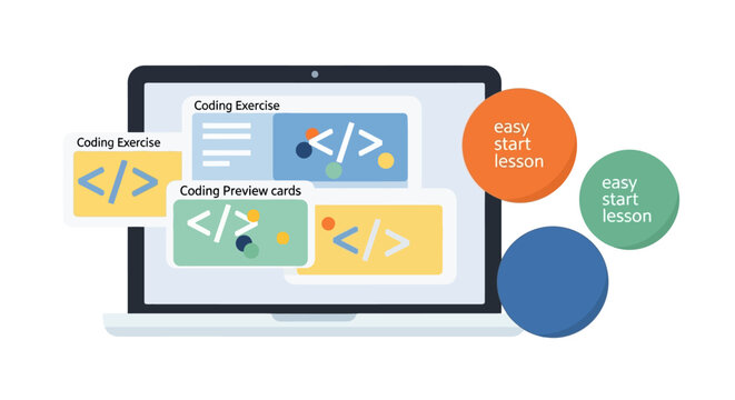 Coding Education Platform Interface Illustration with Programming Exercises, Web Development Tutorials, and Interactive Learning Cards on a Laptop Screen