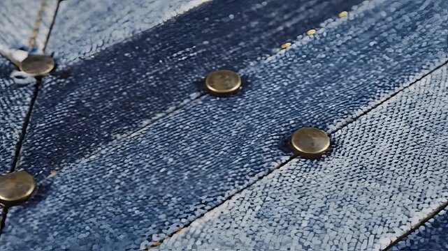 Closeup of a textured blue denim fabric with a chevron pattern and metal rivets.