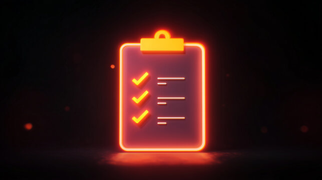 Glowing neon checklist icon on dark background with bright orange light effect representing task management productivity planning goals and successful project completion concept for business apps