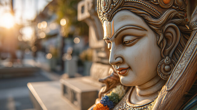 Statue of lord rama with serene expression and traditional crown in warm temple sunset light creating spiritual indian devotional background for festival and religious themes	