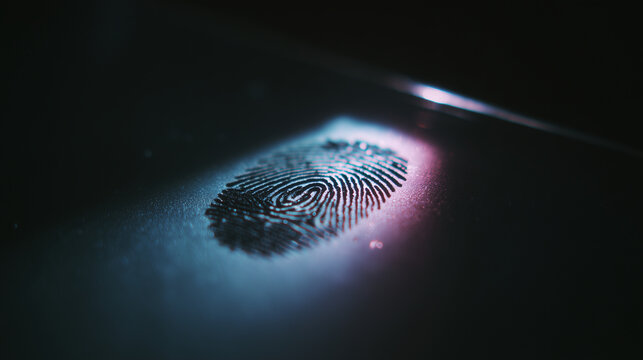 Fingerprint impression in dust on surface, forensic evidence trace and identity investigation concept	
