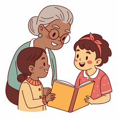Grandmother reads a book to two smiling children with children, grandmother