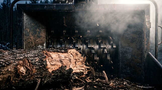 Heavy duty industrial wood shredder machine crushing a large tree log into chips for biomass fuel production at a forestry processing site