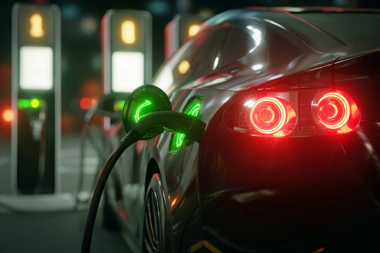 EV charging station powering electric automobile, renewable energy transition, environmental sustainability and clean transportation infrastructure