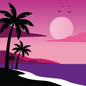 Tropical sunset beach with palm tree silhouettes and ocean vector