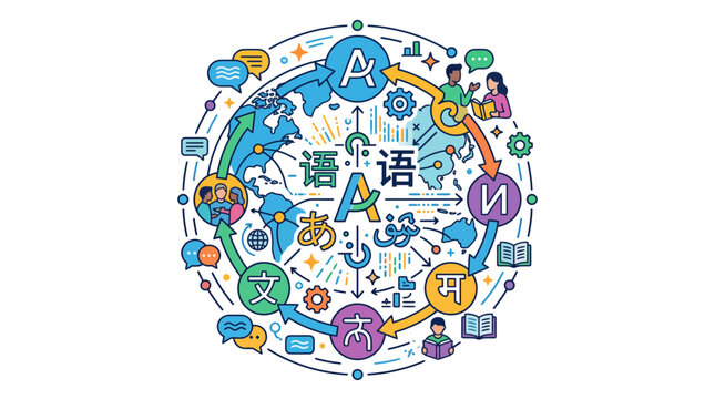 Global language learning and communication conceptual illustration.