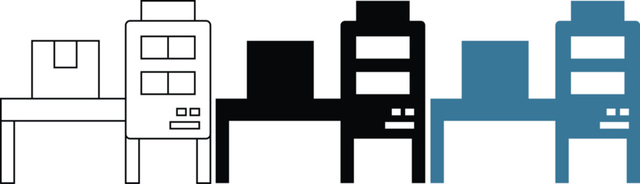 Graphic icon set featuring automated packaging lines with cargo boxes and vertical shelving.