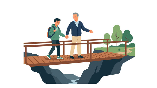 Men walking on bridge over chasm
