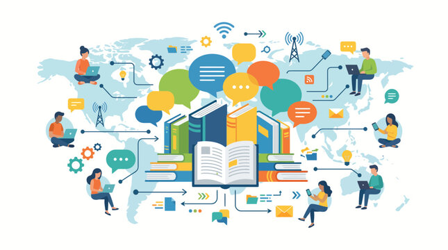 Global knowledge and digital learning concept with books and people.