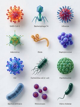 Collection of 3D Models of Various Viruses and Bacteria Pathogens with Labels.
