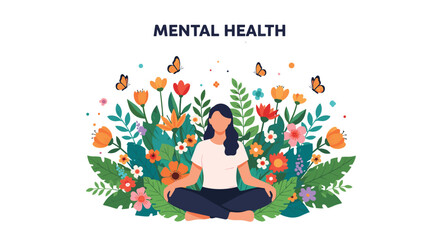 Fototapeta premium Young woman practicing meditation and mindfulness sitting in lotus pose surrounded by colorful flowers and butterflies.