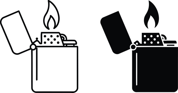 Metal flip lighter with burning flame icon set in outline and solid vector style, survival