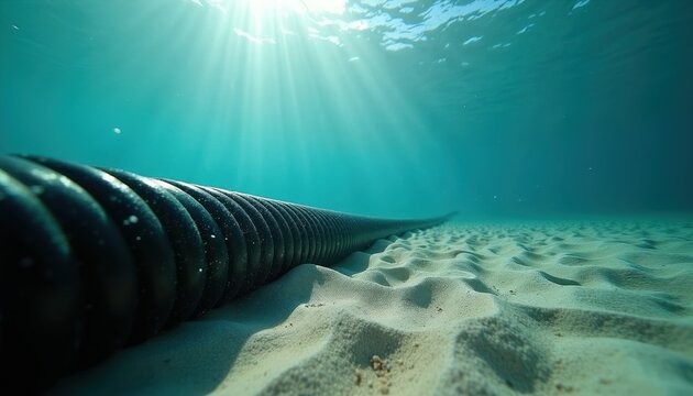 Underwater view of black communication cable on sandy seabed with sun rays shining from surface. Global data transmission network infrastructure beneath the ocean.