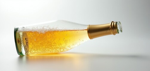 Obraz premium Golden bubbly drink in tilted glass bottle with foil neck. Bubbles rise in effervescent liquid. Isolated clean studio shot on white background.