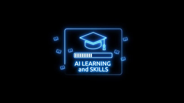 virtual AI learning skills interface and graduation cap icon, artificial intelligence education technology concept and smart digital study progress. 4k animation on transparent background.
