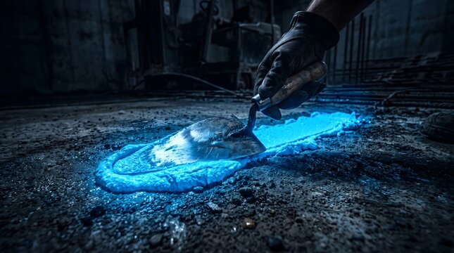 Gloved hand using a trowel to apply glowing blue luminescent concrete sealer on a dark industrial construction site floor