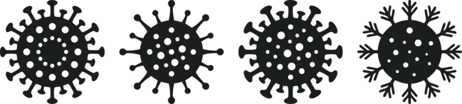 Four black stylized coronavirus microbe icons with coronavirus illustration infection