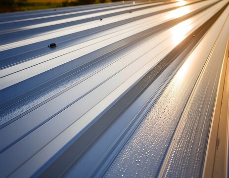 Corrugated Metal Roof Texture with Morning Sunlight and Dew Drops.