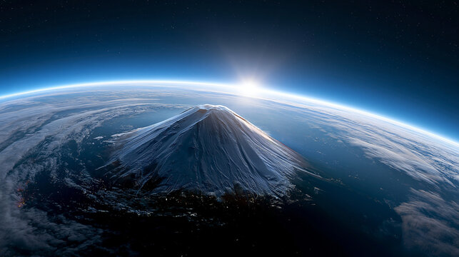 Der schneebedeckte Fujisan ragt majest&auml;tisch &uuml;ber die Wolkenschicht der Erdatmosph&auml;re, aufgenommen aus gro&szlig;er H&ouml;he &uuml;ber Japan.