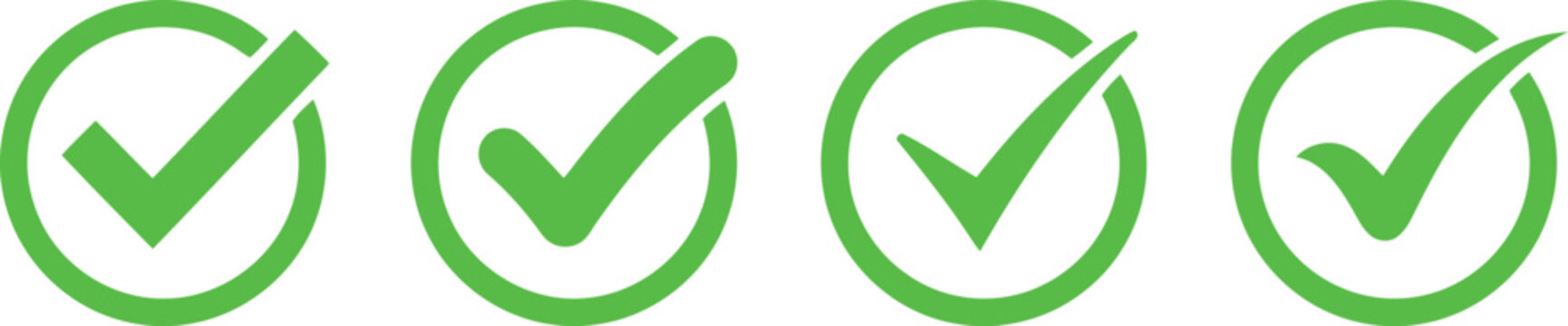 Four green check mark icons within circles with checkmark collection isolated approved