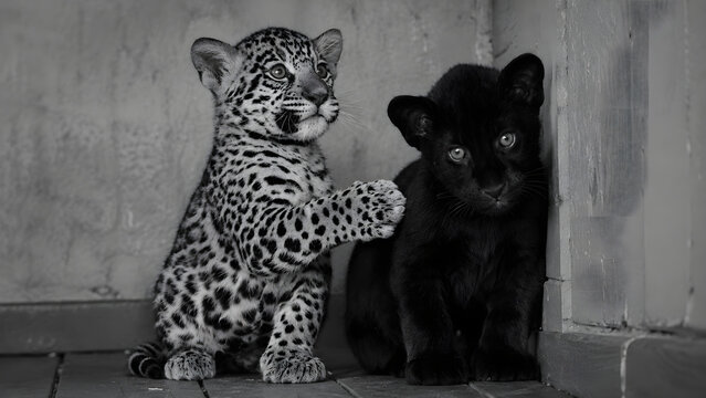 Two leopard cubs, one spotted and one black, sit closely together on a wooden floor