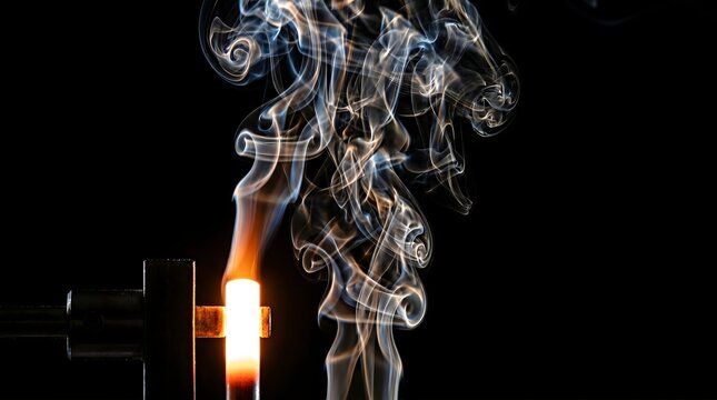 Glowing red hot metal rod held by a clamp emitting thick wisps of smoke against a dark black background in a metallurgy lab